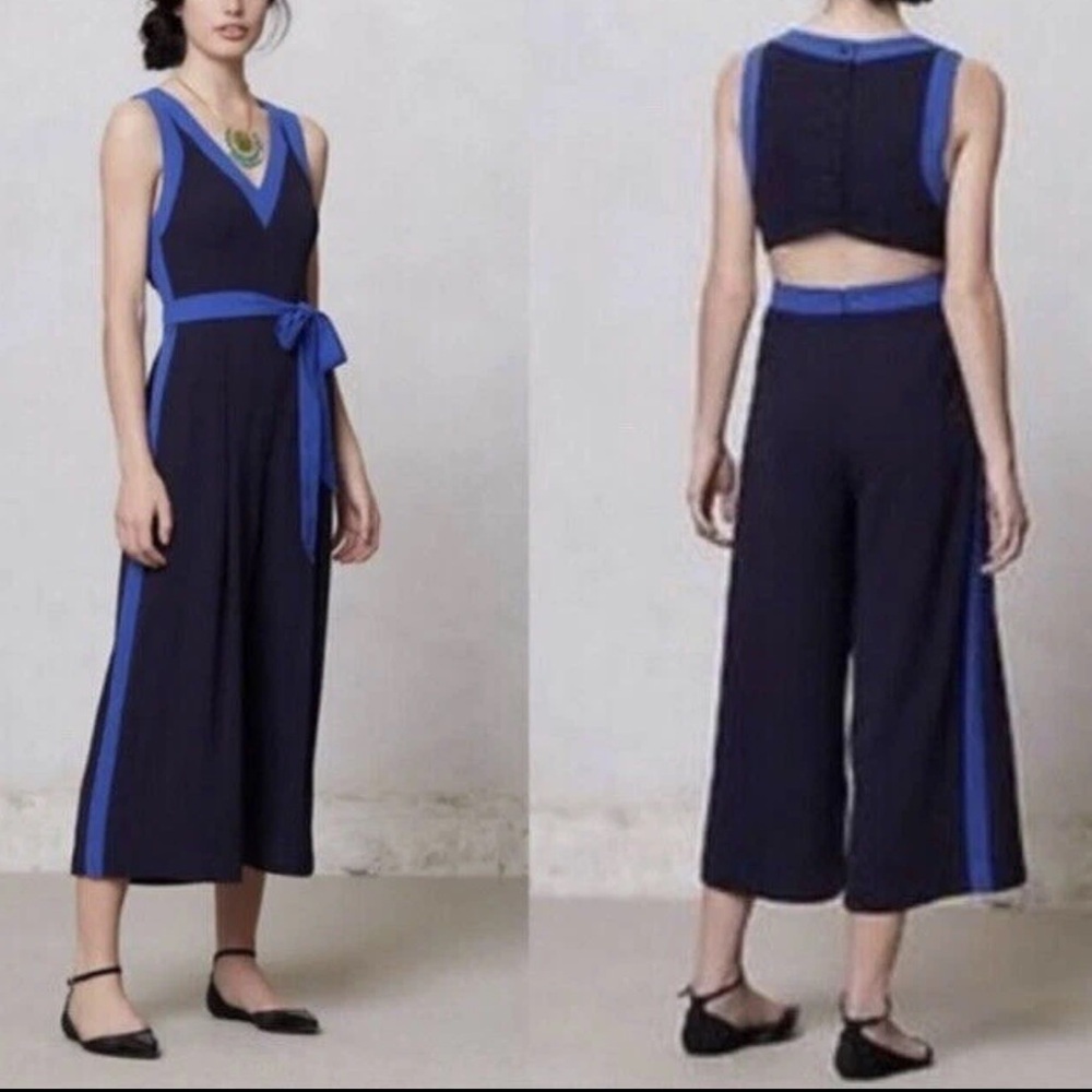 Anthropologie Navy & Cobalt Blue Sleeveless Cropped Jumpsuit